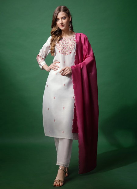 White Colour Rayon With Embroidery Work Kurti With Pant Dupatta Aaradhna 1152 Exporters In India